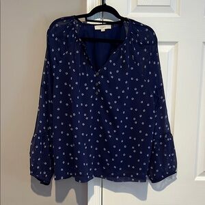 LOFT Blue and White Long Sleeve Relaxed Blouse